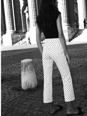 Zara White Black Polka Dots Flare Trousers Stretch Pants Sz L